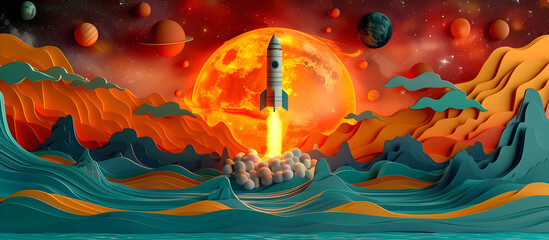 Fototapeta premium Rocket of Cosmic Ocean in Paper Art Style with Pastel Colors