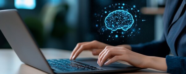 A business professional using AI technology on their laptop, with digital brain