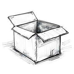 Empty Cardboard Box Sketch in Simple Line Drawing Style on Clean Background