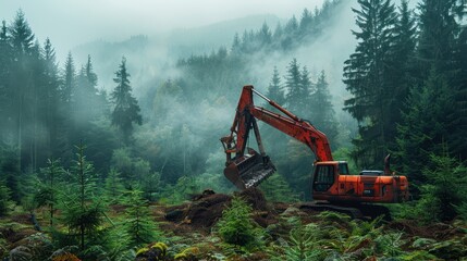 A bright orange excavator digging in a misty forest, showcasing heavy machinery in a natural setting.