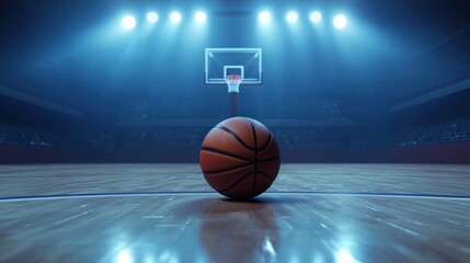 Obraz premium Basketball on Court with Dramatic Lighting Effects