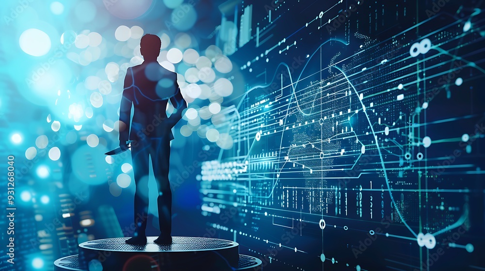 Aufkleber silhouette of a businessman stands on a platform, facing a futuristic digital background filled with