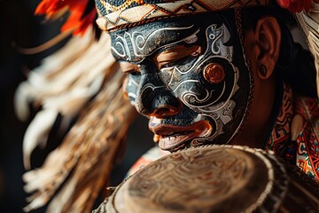 Fototapeta premium Close-up portrait of a man with elaborate face paint, looking down at a drum in his hands.