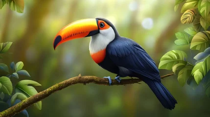 A toucan with a bright orange and yellow beak sits on a branch in a lush green forest.