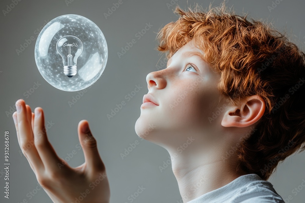 Poster curious boy with a silver light bulb exploring concepts of energy and innovation against a dark back
