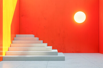 Modern minimalist staircase leading to bright orange wall with round ceiling light