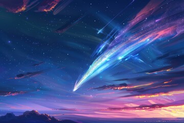 A holographic comet streaking across the sky, leaving a colorful trail.