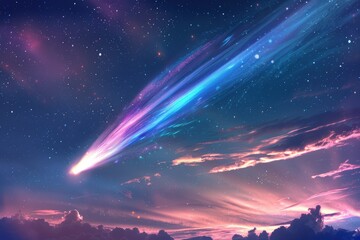 Fototapeta premium A holographic comet streaking across the sky, leaving a colorful trail.
