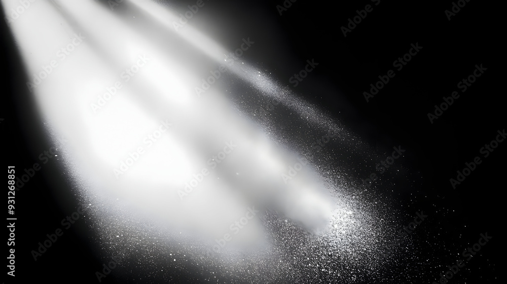 Poster light beams illuminating particles in a dark environment.