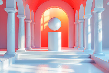 White sphere floating on a pedestal in a palace with columns
