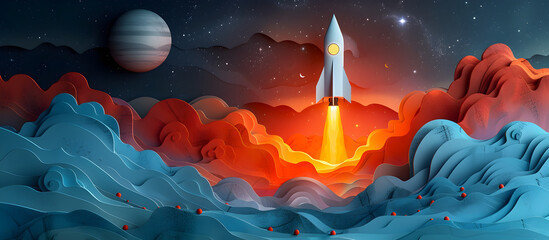Rocket Soaring Through the Cosmic Chaos of the Universe in a Papercut Art Style