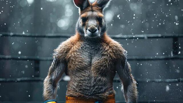 A kangaroo boxer trains intensely in a snowy ring