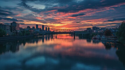 A stunning sunset over a river with city silhouettes and colorful reflections.