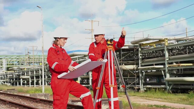 Team survey construction engineer with safety jacket use level survey camera. Engineer peering through a theodolite for check Raiway inside oil refinery plant.