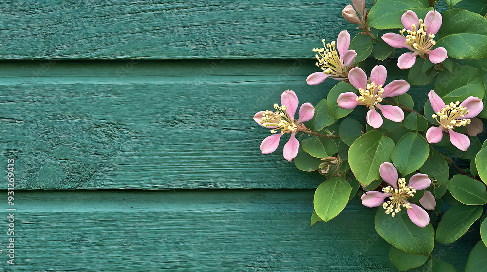 Poster Pink flowers against a textured green wooden background.