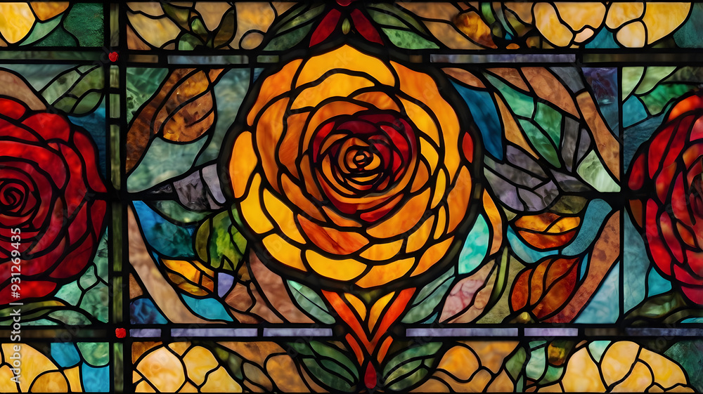 Wall mural stained glass window in a church, ai generated