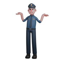 Professional Policeman Character. A police officer stands with both hands raised and palms facing upwards. 3D Male Model