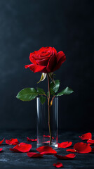 Bloodred rose, dark petals, withering in a glass vase, Watercolor style
