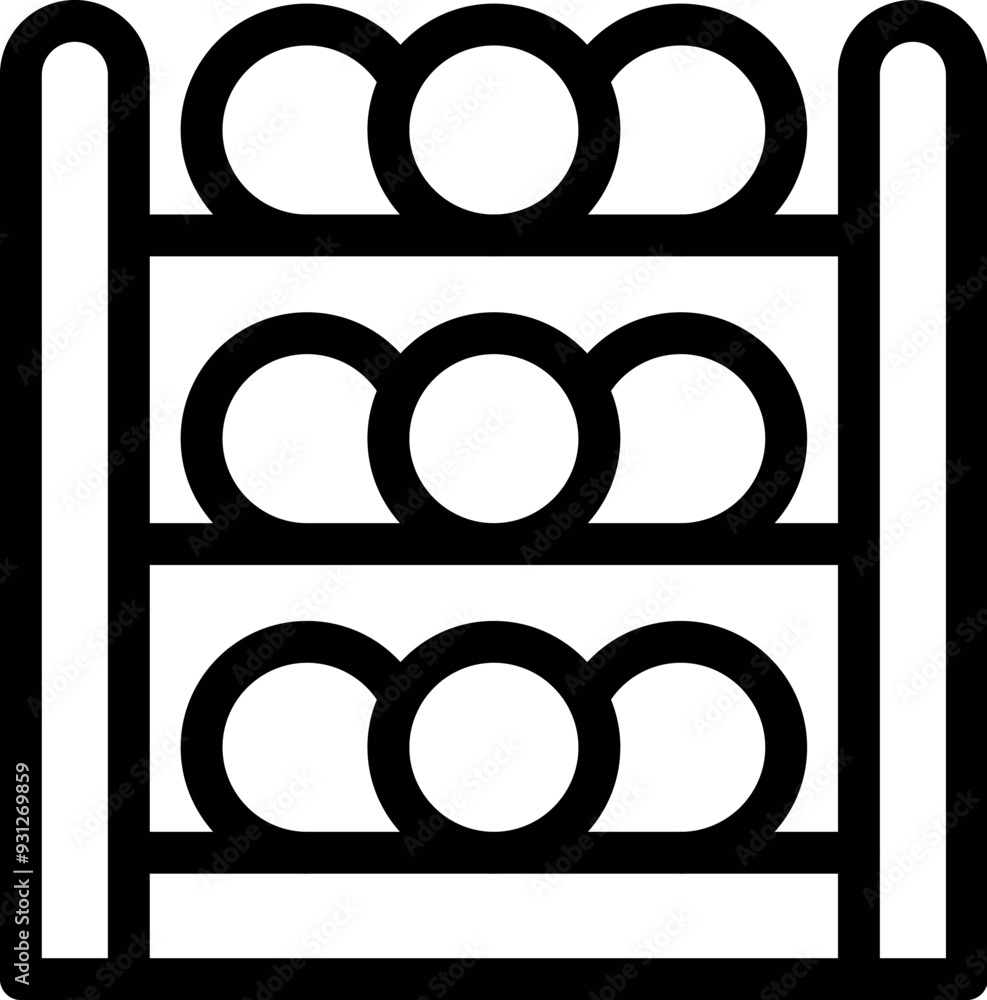 Poster line icon of warehouse shelves storing many round objects