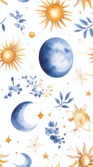 Intricate blue Boho mandala pattern in watercolor style, seamlessly repeating on a white background