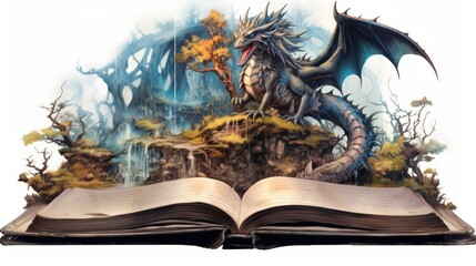 Magic book with light and shine An amazing story book with stars, and magic dragons. Neural network ai generated art