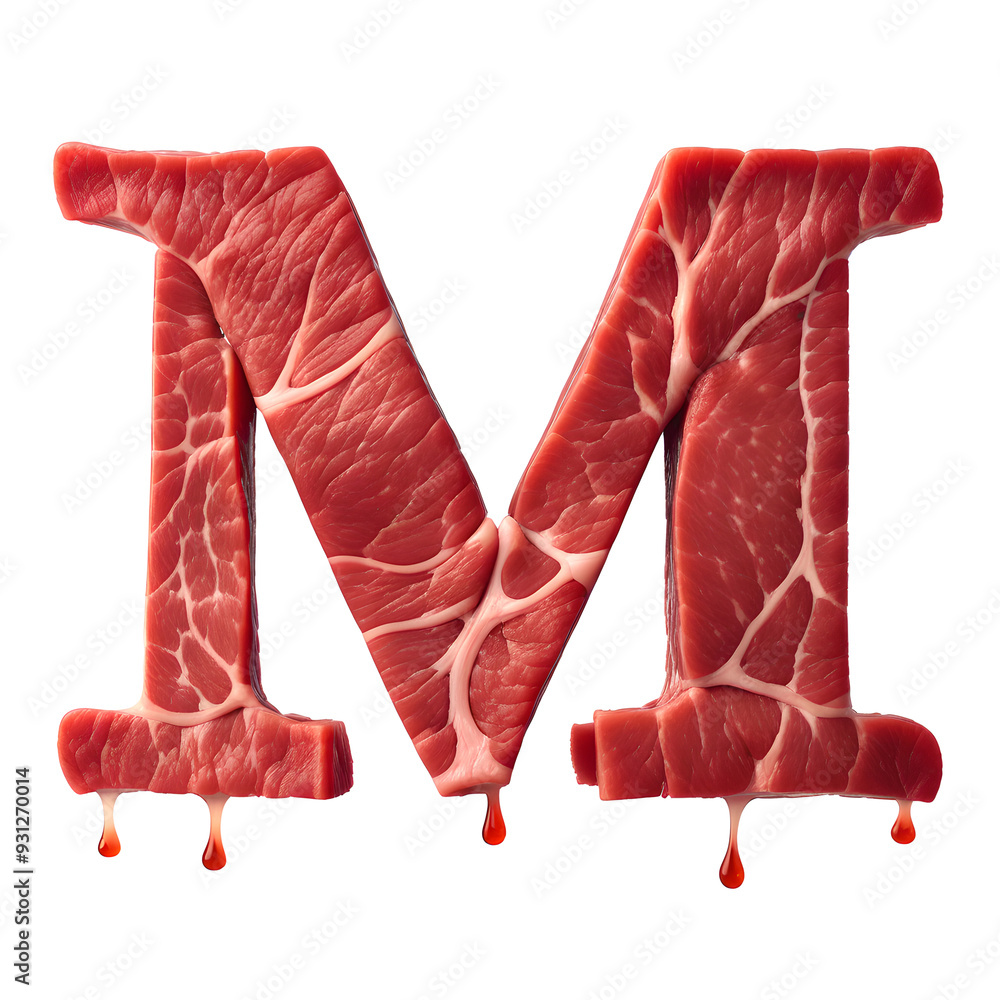 Wall mural letters m made from raw meat on white background. generative ai