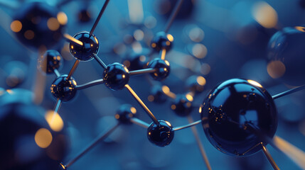 Close-up of molecular structure with connected blue and gold spheres in 3D rendering