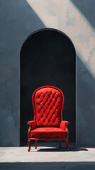 Elegant red velvet armchair positioned in front of a dark archway, illuminated by soft natural light, creating a striking contrast.