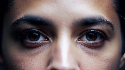 Serious young man with brown eyes and short dark hair stares intensely in a close up portrait, showing deep emotion and concentration against a dark background