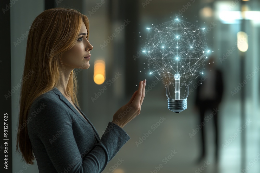 Poster woman interacts with a holographic light bulb in a tech startup representing the blending of ideas a