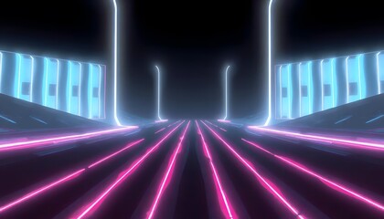 Futuristic tunnel with glowing red and green lights lining the walls and floor, creating a vibrant and dynamic perspective