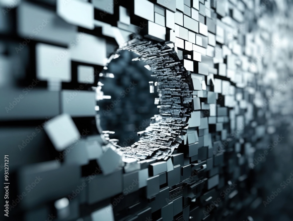 Poster a 3d search engine icon breaking through a wall of data, symbolizing the power of search engines to 