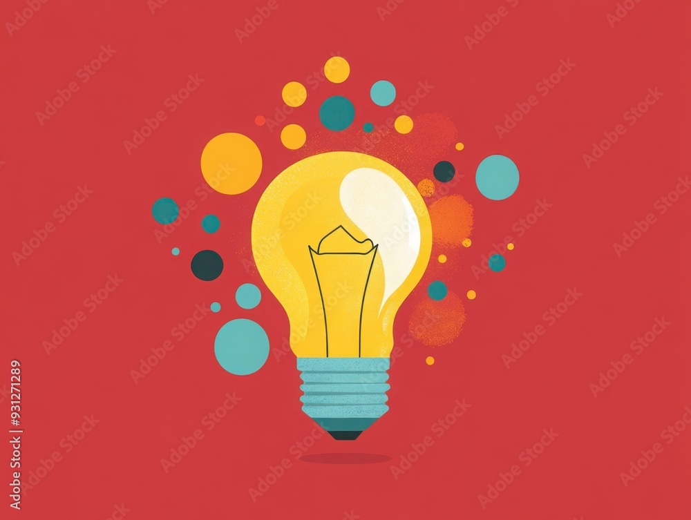Poster light bulb with overlapping circles, intersection of ideas and growth, flat design illustration