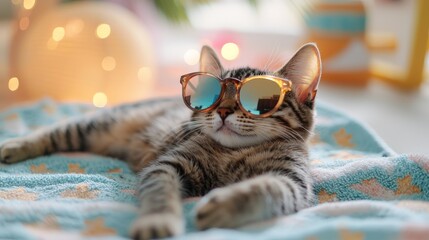 a cat wearing sunglasses lying lazily on a beach towel