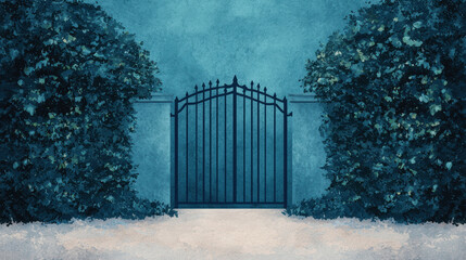 Fototapeta premium Elegant wrought iron gate against a vibrant blue wall, framed by lush greenery on both sides, creating a serene and secure ambiance.