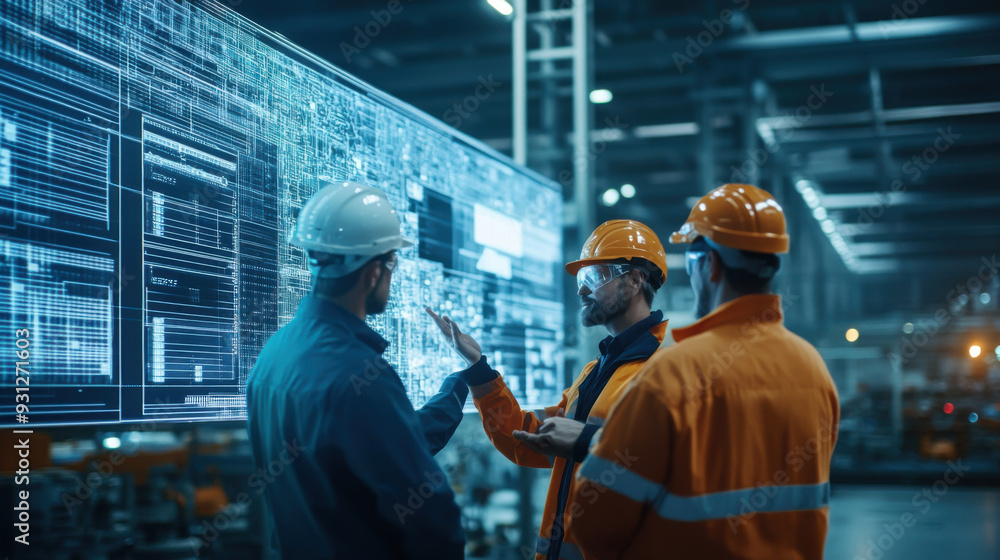 Poster engineer and foreman discussing project details with the director in a high-tech manufacturing