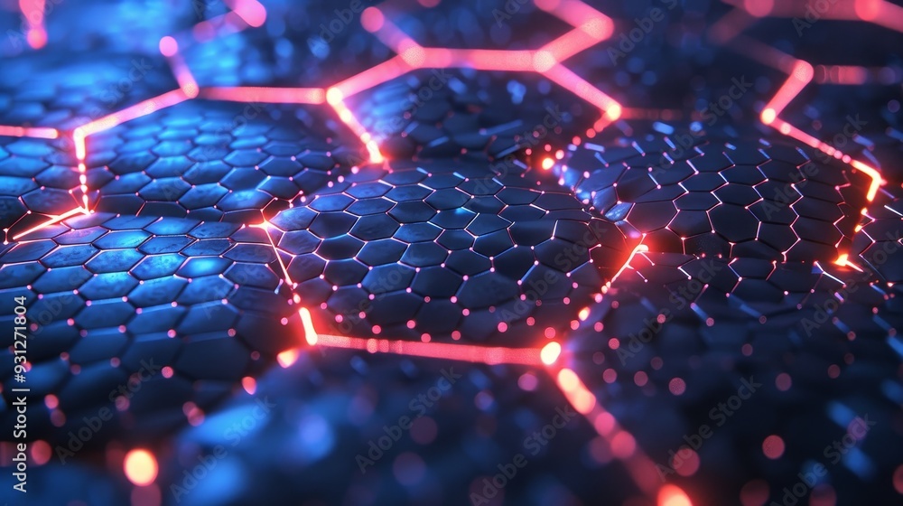 Poster a mesmerizing close-up of glowing hexagonal patterns, combining vibrant colors and intricate designs