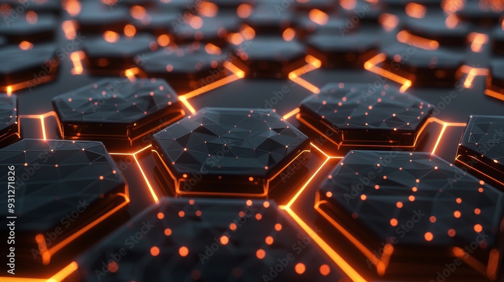 Poster close-up of a futuristic hexagonal pattern with glowing orange lights, ideal for technology and abst