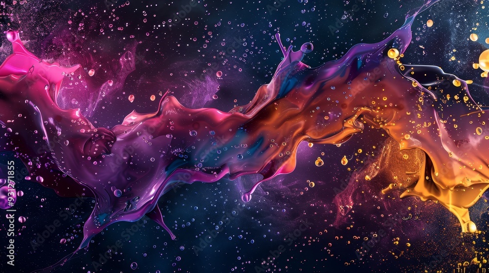 Poster a vibrant splash of colorful paint swirling in a cosmic space, creating an abstract artwork full of 