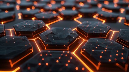 Obraz premium Close-up of a futuristic hexagonal pattern with glowing orange lights, ideal for technology and abstract backgrounds.