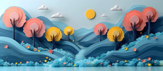 Serene Paper Forest Landscape with Winding Stream and Vibrant Pastel Colors