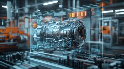 Naklejka premium Futuristic Digital Design of an Air Compressor Engine with a Holographic Display on a transparent glass