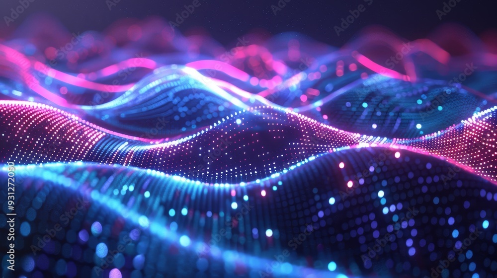 Poster vibrant digital wave pattern with glowing lights, creating a mesmerizing abstract background in stun