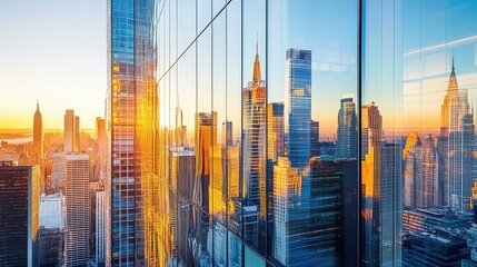 A stunning sunset view of a city skyline reflecting on glass buildings.