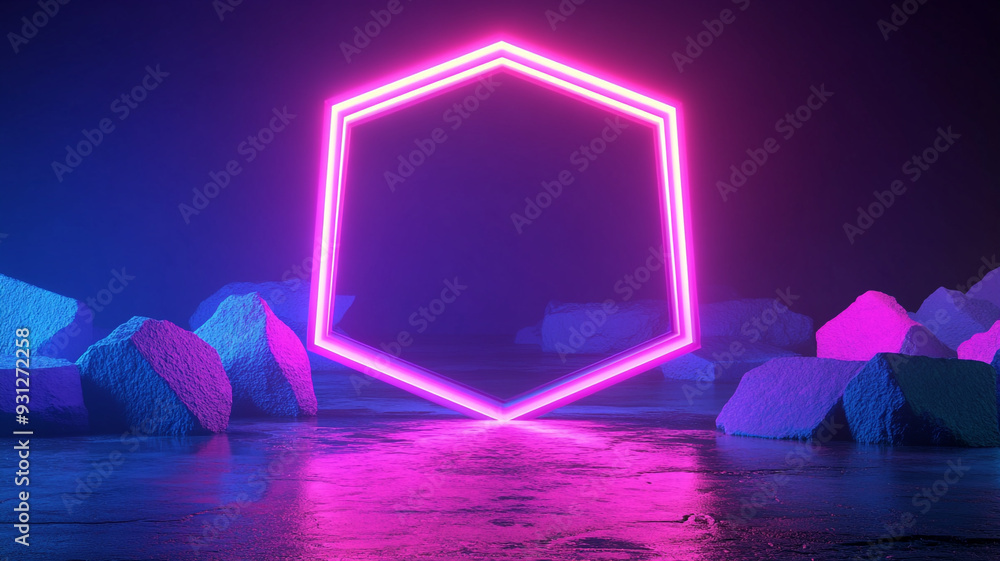 Poster Neon hexagon illuminated in a dark setting with geometric rock formations
