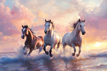 Obraz premium three horses running on water amidst beautiful sky and pink clouds