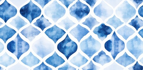 Intricate blue Boho mandala pattern in watercolor style, seamlessly repeating on a white background