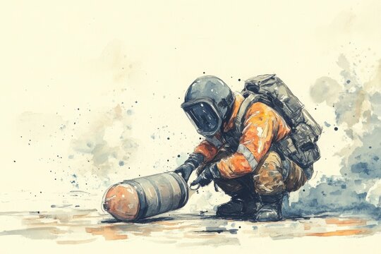 A dedicated bomb disposal expert inspecting a suspicious device in a hazmat suit, showcasing bravery and precision in action.