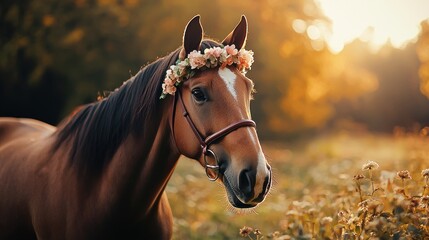 Obraz premium Portrait of sportive horse with beautiful flower wreath. A delicate horse portrayed with charming expansive scale focuses of intrigued. Creative resource.