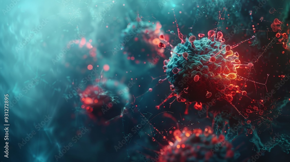 Poster close-up of pathogenic cells in vibrant colors, showcasing intricate details and textures in a micro